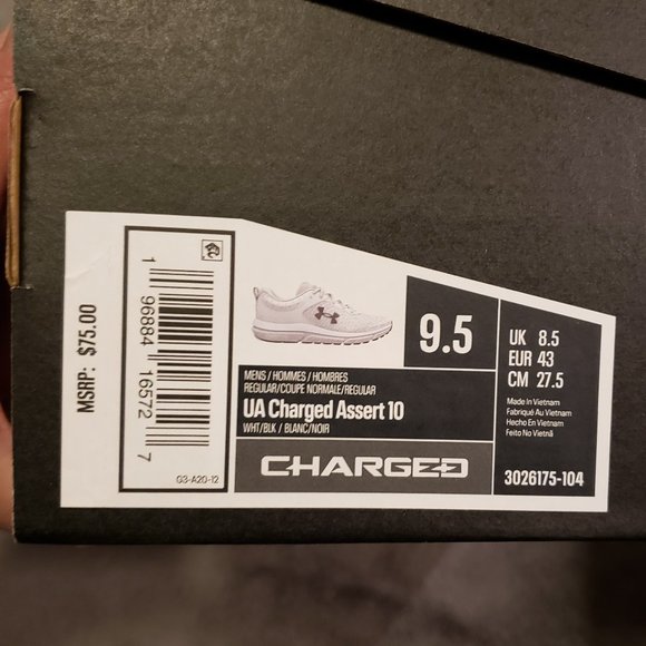 NEW Under Armour Charged Assert 10 3026175-104 Men's Wht/Blk Size 9.5 Shoes - Picture 9 of 9